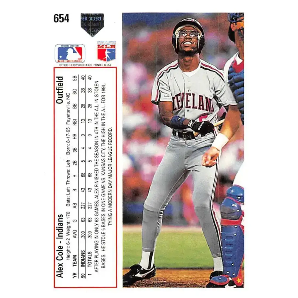 1991 Upper Deck #654 Alex Cole EX Excellent Cleveland Indians Baseball Card - Baseball Card Single