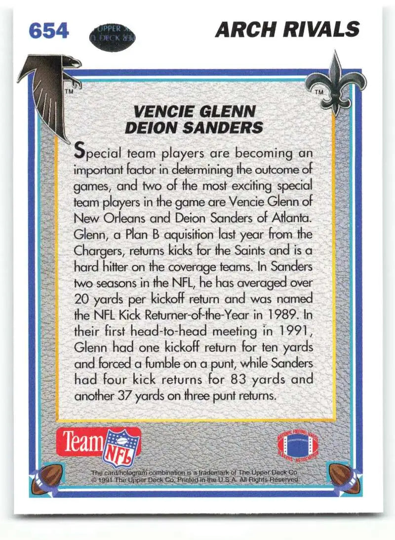 1991 Upper Deck #654 Deion Sanders/Vencie Glenn NM-MT Atlanta Falcons/New Orleans Saints Football Card - Football Card