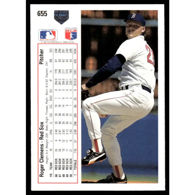 1991 Upper Deck #655 Roger Clemens EX/NM Boston Red Sox Baseball Card - Baseball Card Single