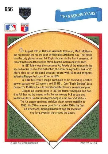 Upper Deck Mark McGwire baseball card back with player achievements and original gloss