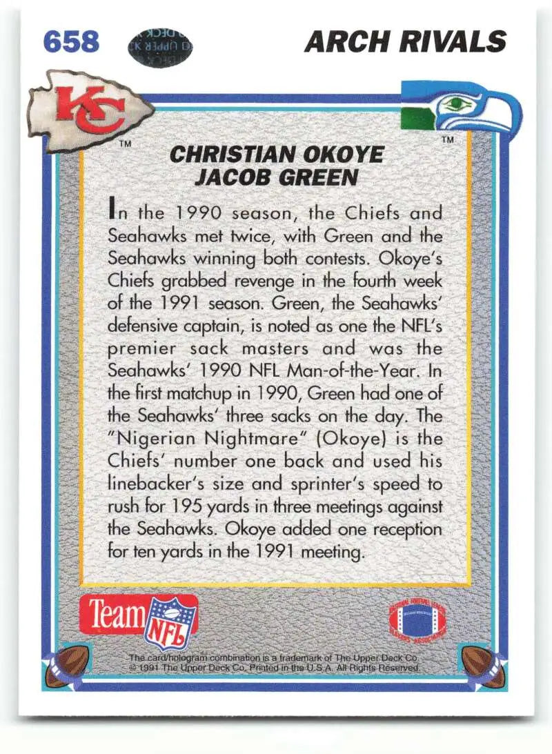 1991 Upper Deck #658 Christian Okoye/Jacob Green NM-MT Kansas City Chiefs/Seattle Seahawks Football Card - Football