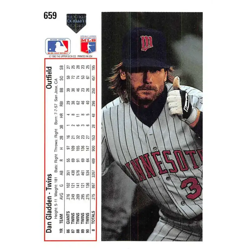 1991 Upper Deck #659 Dan Gladden EX Excellent Minnesota Twins Baseball Card - Baseball Card Single