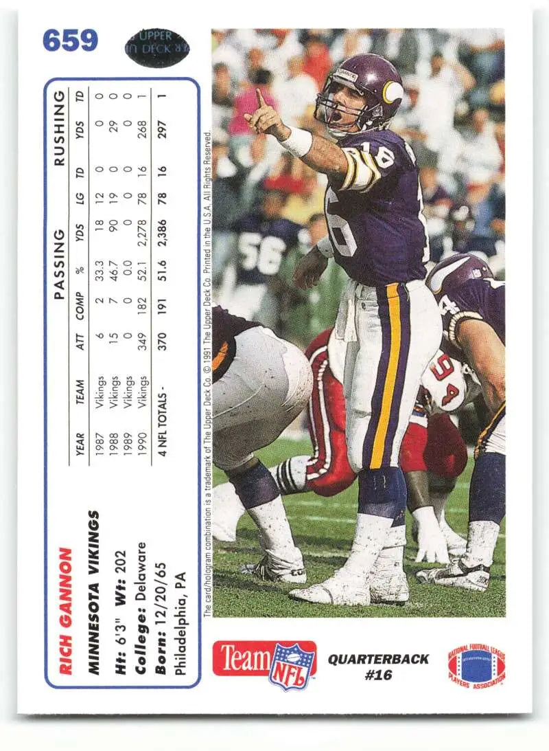 1991 Upper Deck #659 Rich Gannon NM-MT Minnesota Vikings Football Card - Football Card Single