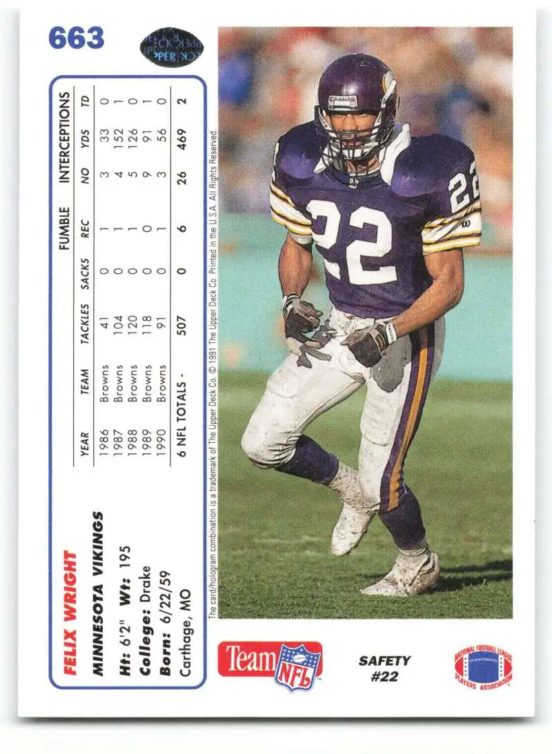 1991 Upper Deck #663 Felix Wright NM-MT Minnesota Vikings Football Card - Football Card Single