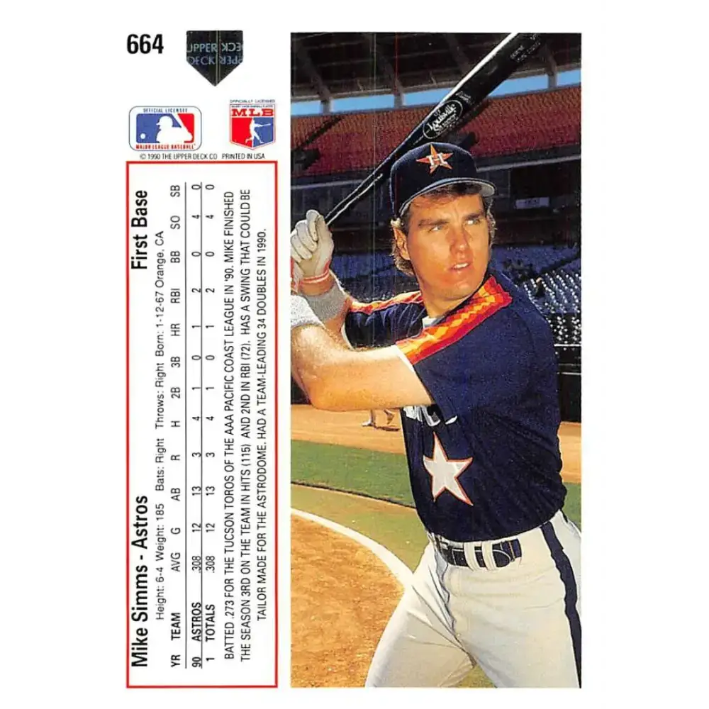 1991 Upper Deck #664 Mike Simms EX Excellent RC Rookie Houston Astros Baseball Card - Baseball Card Single