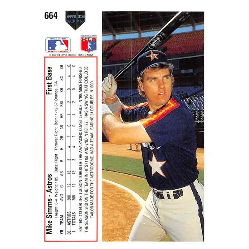 1991 Upper Deck #664 Mike Simms EX Excellent RC Rookie Houston Astros Baseball Card - Baseball Card Single