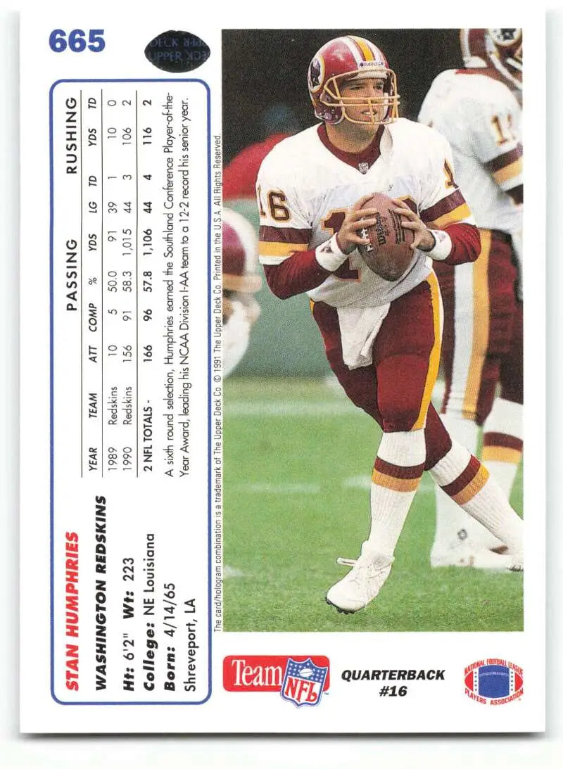 1991 Upper Deck #665 Stan Humphries NM-MT Washington Redskins Football Card - Football Card Single