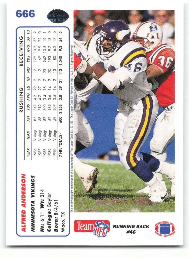 1991 Upper Deck #666 Alfred Anderson NM-MT Minnesota Vikings Football Card - Football Card Single