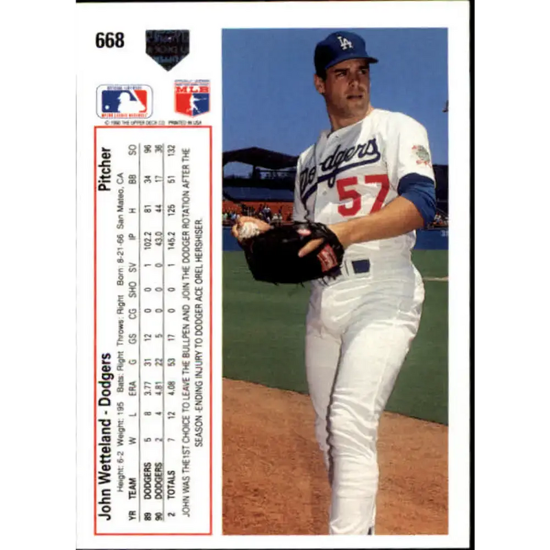 1991 Upper Deck #668 John Wetteland EX Excellent Los Angeles Dodgers Baseball Card - Baseball Card Single
