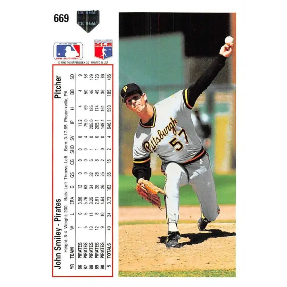 1991 Upper Deck #669 John Smiley EX Excellent Pittsburgh Pirates Baseball Card - Baseball Card Single