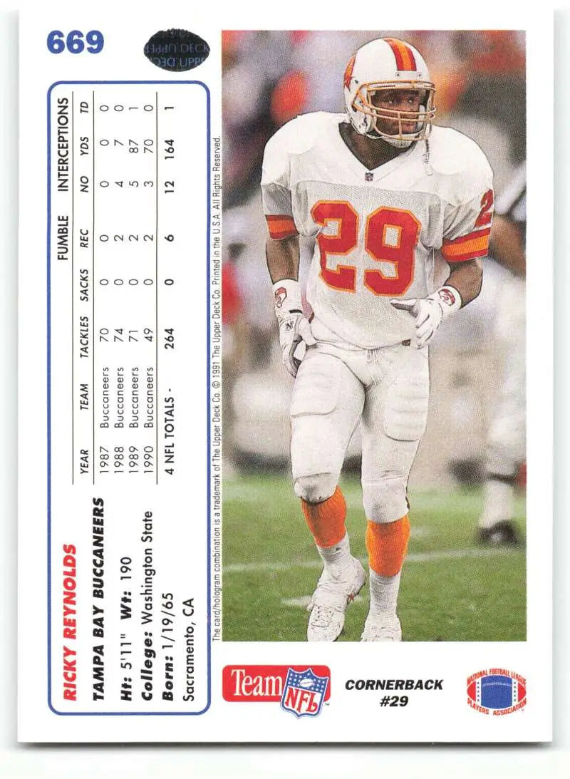 1991 Upper Deck #669 Ricky Reynolds NM-MT Tampa Bay Buccaneers Football Card - Football Card Single