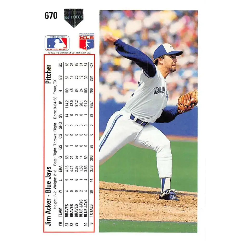 1991 Upper Deck #670 Jim Acker EX Excellent Toronto Blue Jays Baseball Card - Baseball Card Single