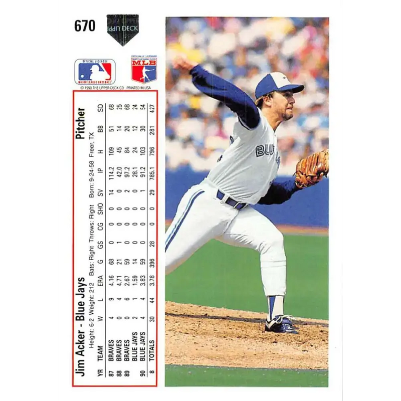 1991 Upper Deck #670 Jim Acker EX Excellent Toronto Blue Jays Baseball Card - Baseball Card Single
