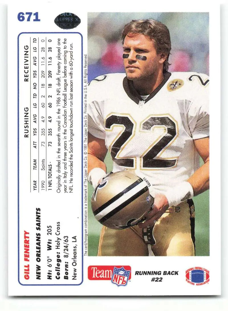 1991 Upper Deck #671 Gill Fenerty NM-MT RC Rookie New Orleans Saints Football Card - Football Card Single