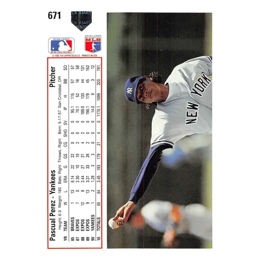 1991 Upper Deck #671 Pascual Perez EX Excellent New York Yankees Baseball Card - Baseball Card Single