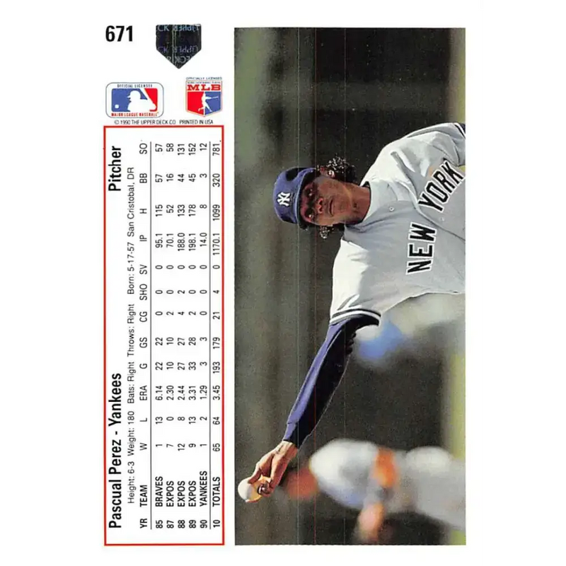 1991 Upper Deck #671 Pascual Perez EX Excellent New York Yankees Baseball Card - Baseball Card Single