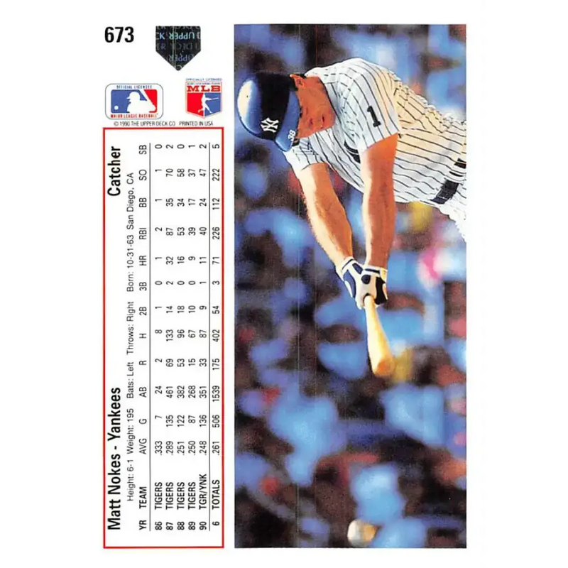1991 Upper Deck #673 Matt Nokes EX Excellent New York Yankees Baseball Card - Baseball Card Single
