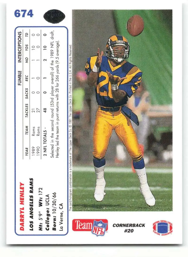 1991 Upper Deck #674 Darryl Henley NM-MT RC Rookie Los Angeles Rams Football Card - Football Card Single