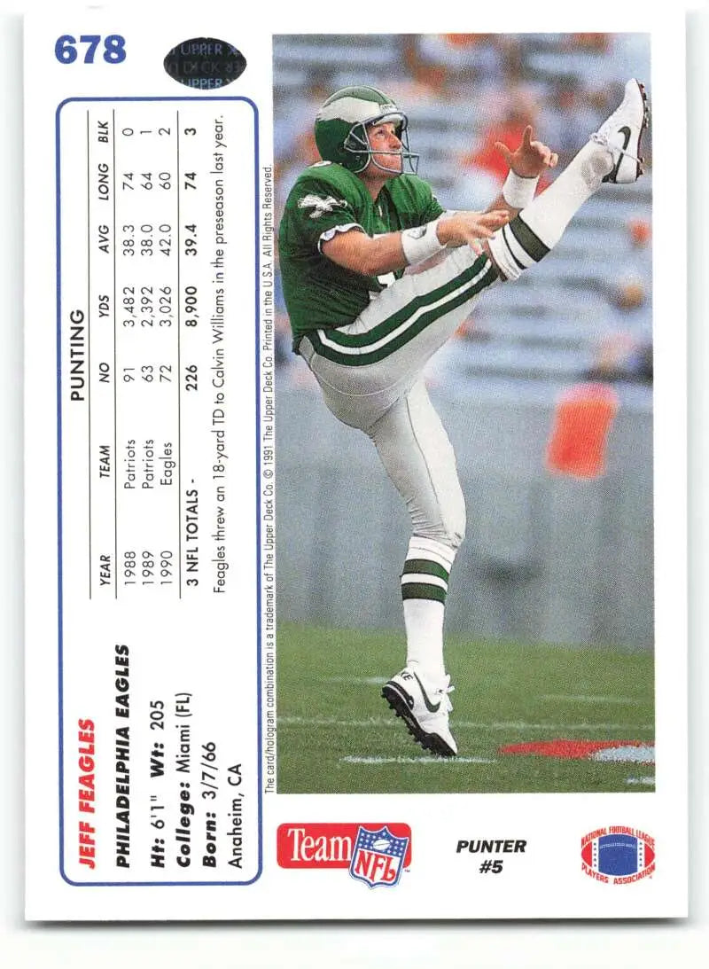 1991 Upper Deck #678 Jeff Feagles NM-MT RC Rookie Philadelphia Eagles Football Card - Football Card Single
