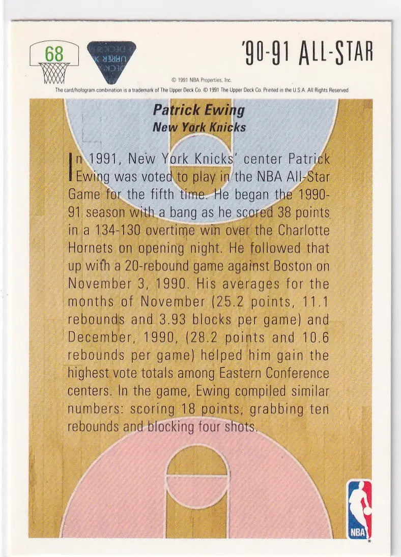 1991 UPPER DECK #68 PATRICK EWING ALL STAR- NEW YORK KNICKS - Basketball Card Single