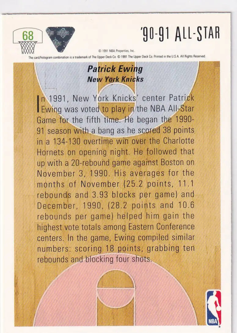 1991 UPPER DECK #68 PATRICK EWING EAST ALL STAR- NEW YORK KNICKS - Basketball Card Single