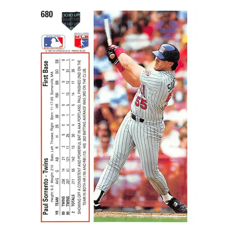 1991 Upper Deck #680 Paul Sorrento NM-MT Minnesota Twins Baseball Card - Baseball Card Single