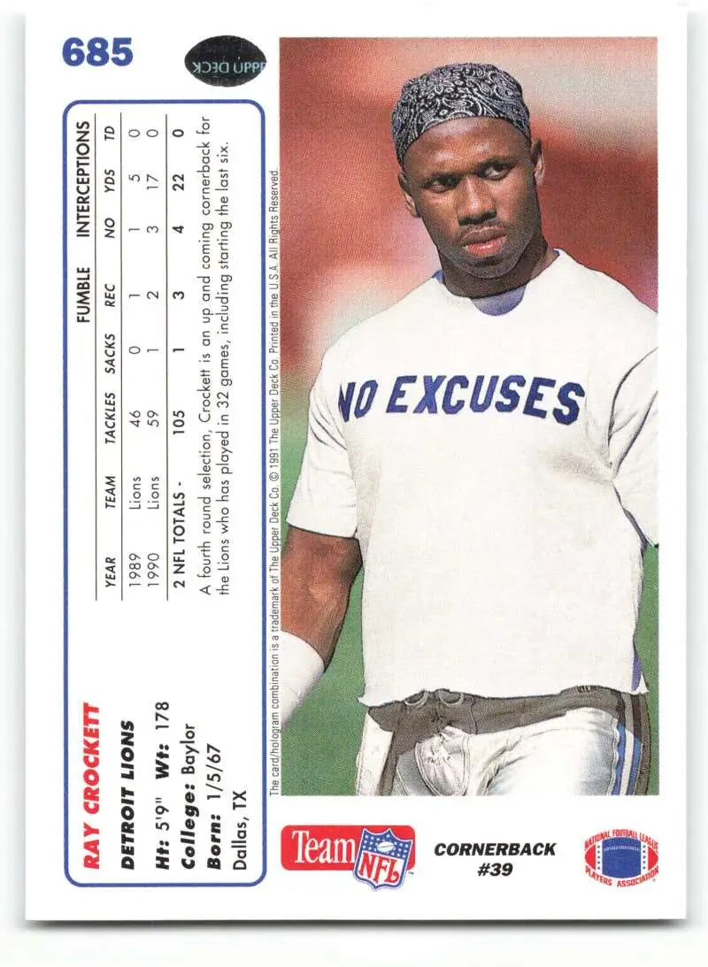 1991 Upper Deck #685 Ray Crockett NM-MT RC Rookie Detroit Lions Football Card - Football Card Single