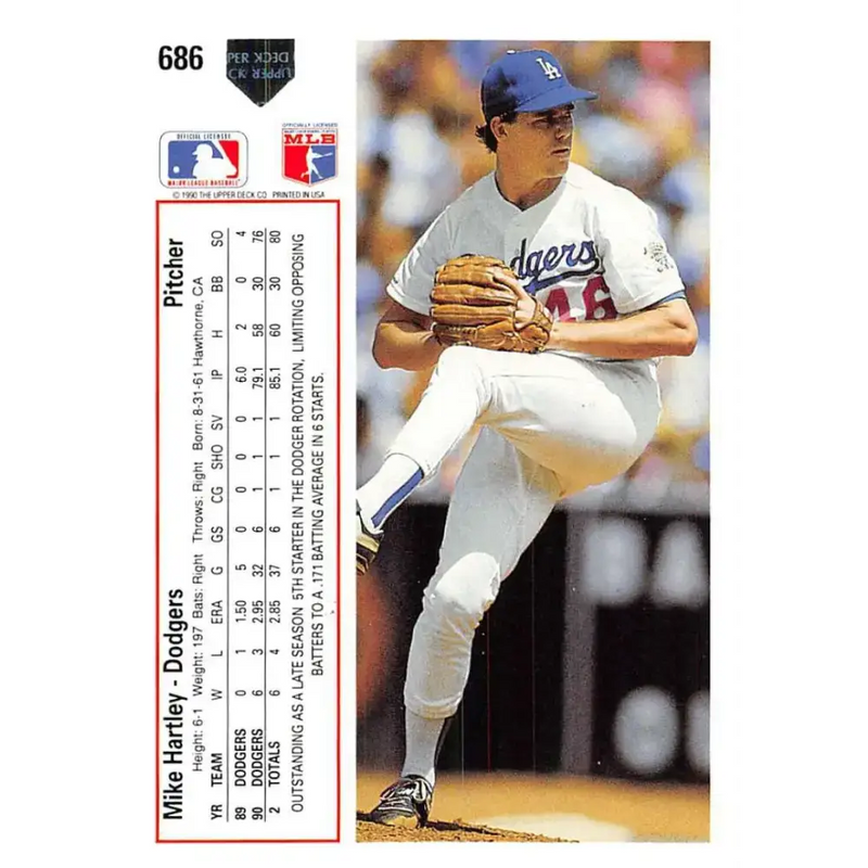 1991 Upper Deck #686 Mike Hartley EX Excellent Los Angeles Dodgers Baseball Card - Baseball Card Single