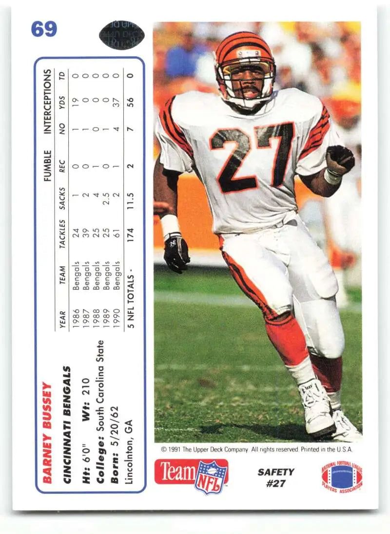 1991 Upper Deck #69 Barney Bussey NM-MT RC Rookie Cincinnati Bengals Football Card - Football Card Single