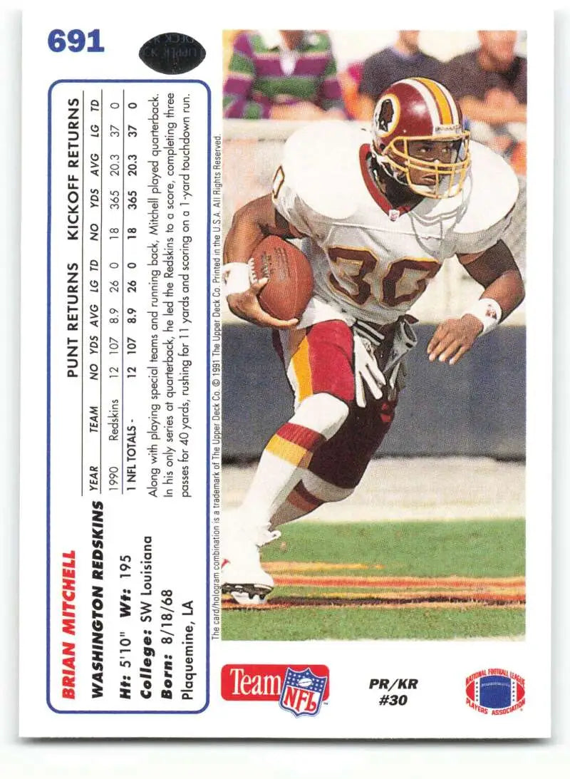1991 Upper Deck #691 Brian Mitchell NM-MT Washington Redskins Football Card - Football Card Single