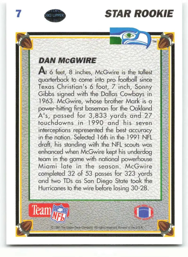 1991 Upper Deck #7 Dan McGwire NM-MT RC Rookie Seattle Seahawks Football Card - Football Card Single