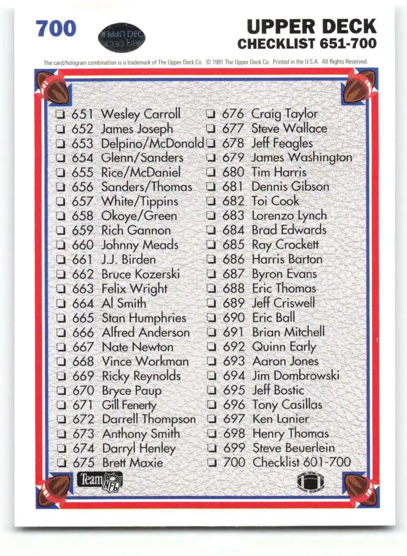 1991 Upper Deck #700 Checklist 601-700 NM-MT Football Card - Football Card Single