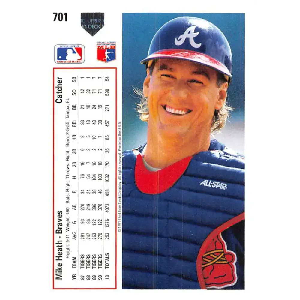1991 Upper Deck #701 Mike Heath EX Excellent Atlanta Braves Baseball Card - Baseball Card Single