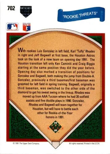 Original gloss baseball card back featuring 1991 Upper Deck Jeff Bagwell Luis Gonzalez Karl Rhodes ID 45622