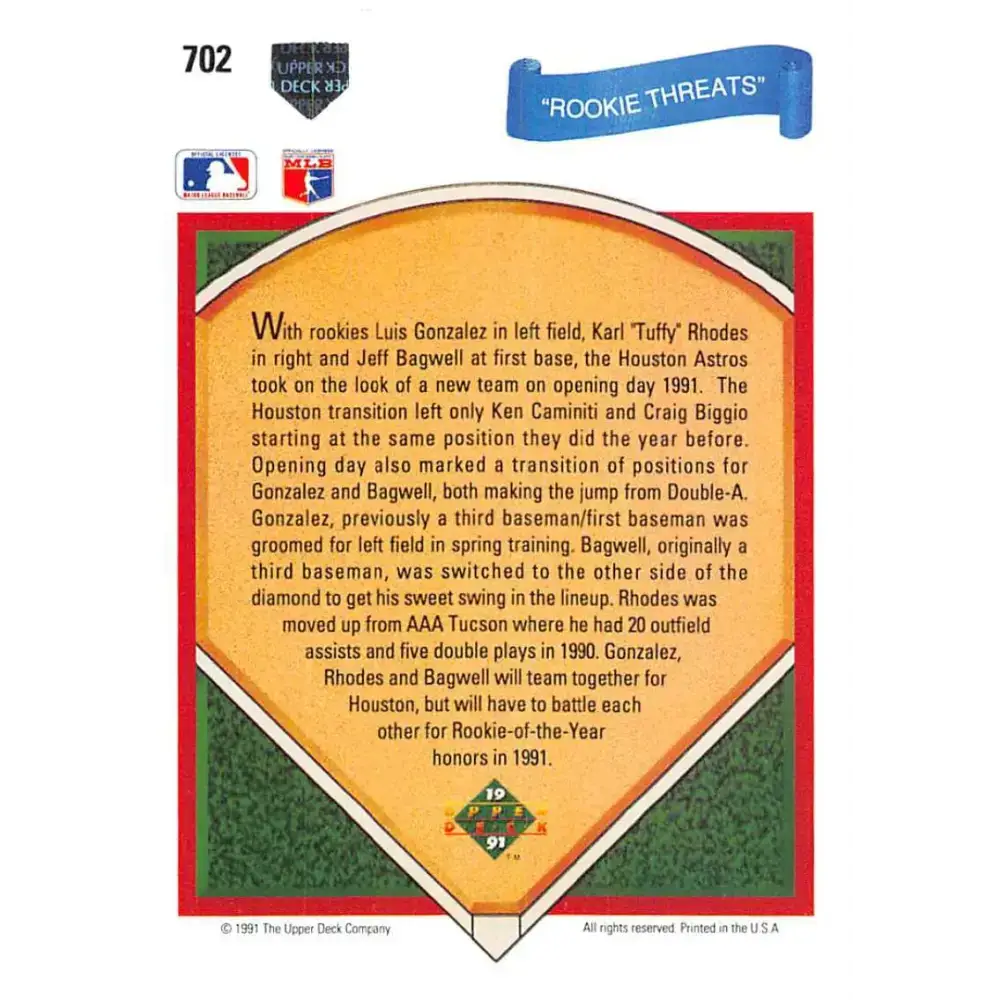 1991 Upper Deck #702 Luis Gonzalez/Karl Rhodes/Jeff Bagwell EX Excellent Houston Astros Baseball Card - Baseball Card