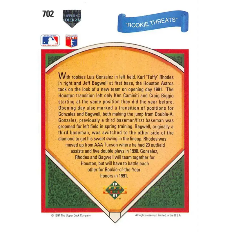 1991 Upper Deck #702 Luis Gonzalez/Karl Rhodes/Jeff Bagwell EX Excellent Houston Astros Baseball Card - Baseball Card
