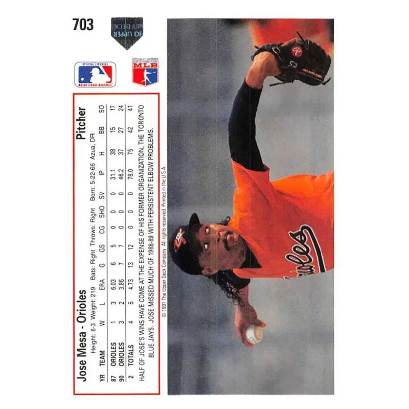 1991 Upper Deck #703 Jose Mesa EX Excellent Baltimore Orioles Baseball Card - Baseball Card Single