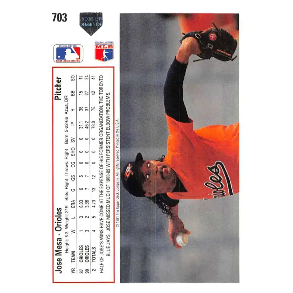 1991 Upper Deck #703 Jose Mesa NM-MT Baltimore Orioles Baseball Card - Baseball Card Single