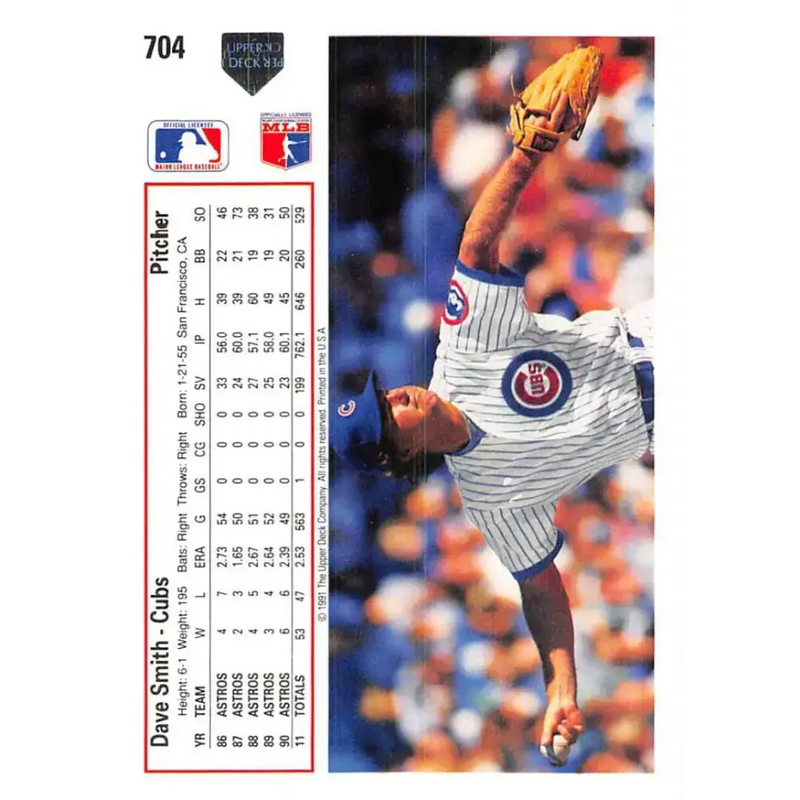 1991 Upper Deck #704 Dave Smith NM-MT Chicago Cubs Baseball Card - Baseball Card Single
