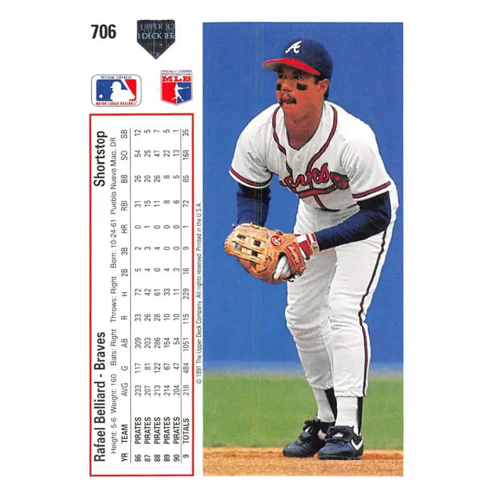 1991 Upper Deck #706 Rafael Belliard EX Excellent Atlanta Braves Baseball Card - Baseball Card Single