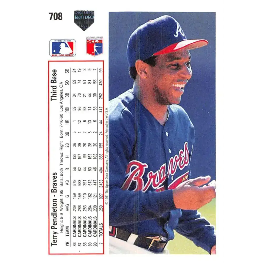 1991 Upper Deck #708 Terry Pendleton EX Excellent Atlanta Braves Baseball Card - Baseball Card Single