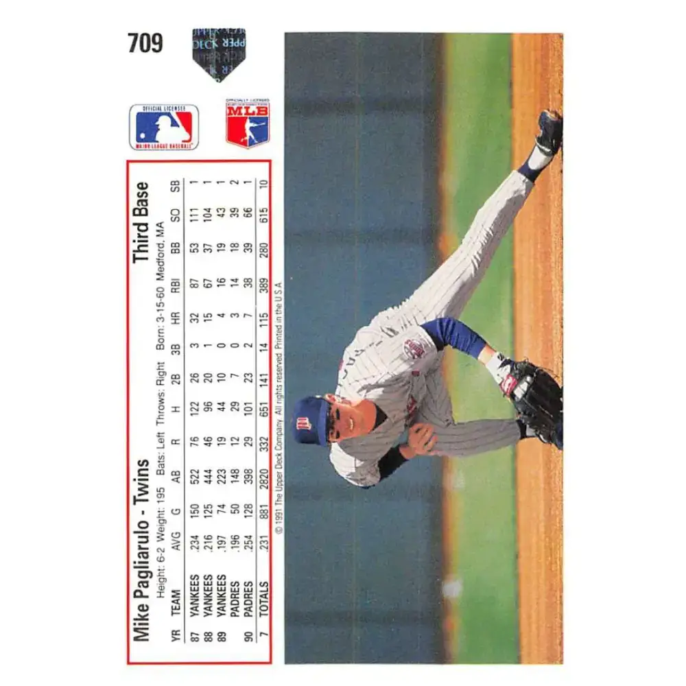 1991 Upper Deck #709 Mike Pagliarulo EX Excellent Minnesota Twins Baseball Card - Baseball Card Single