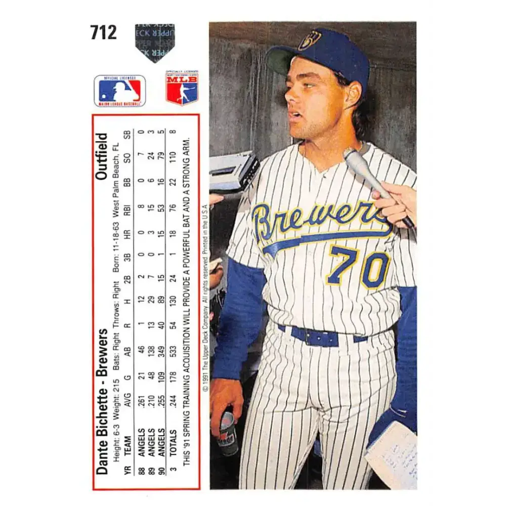 1991 Upper Deck #712 Dante Bichette EX Excellent Milwaukee Brewers Baseball Card - Baseball Card Single