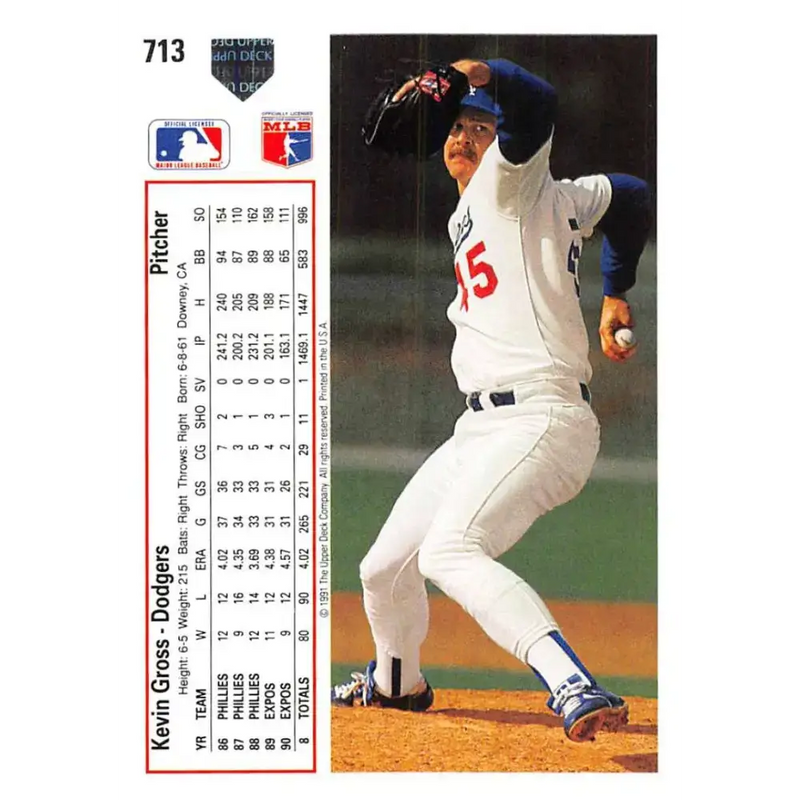 1991 Upper Deck #713 Kevin Gross EX Excellent Los Angeles Dodgers Baseball Card - Baseball Card Single
