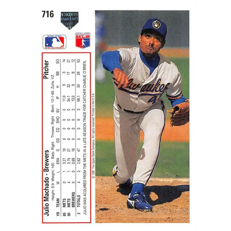 1991 Upper Deck #716 Julio Machado EX Excellent Milwaukee Brewers Baseball Card - Baseball Card Single