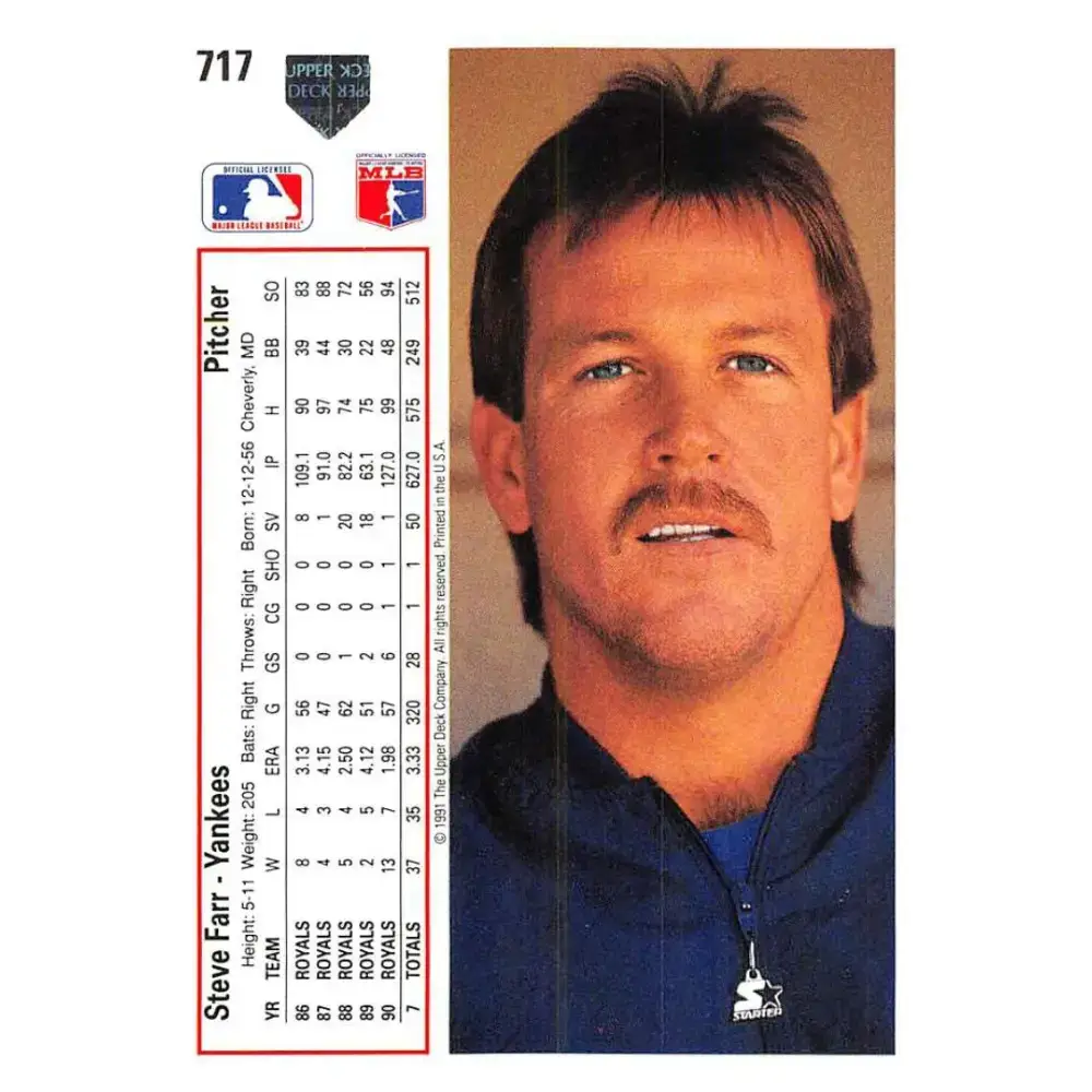 1991 Upper Deck #717 Steve Farr EX Excellent New York Yankees Baseball Card - Baseball Card Single
