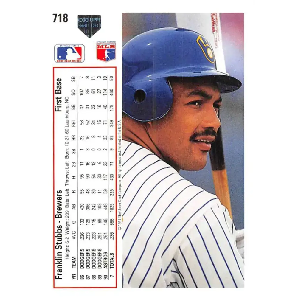 1991 Upper Deck #718 Franklin Stubbs EX Excellent Milwaukee Brewers Baseball Card - Baseball Card Single