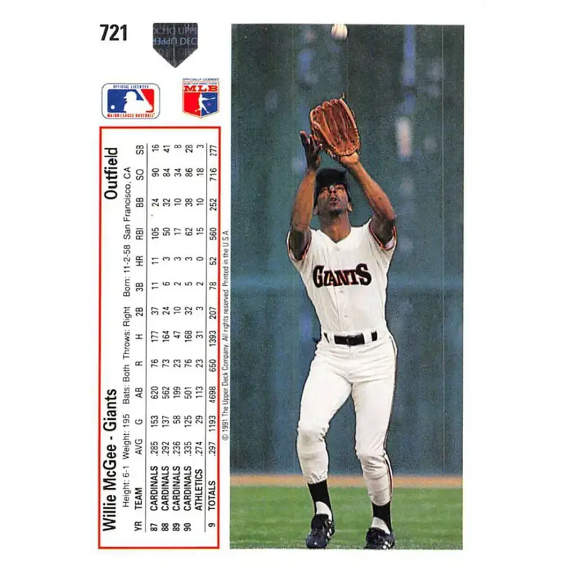 1991 Upper Deck #721 Willie McGee EX Excellent San Francisco Giants Baseball Card - Baseball Card Single