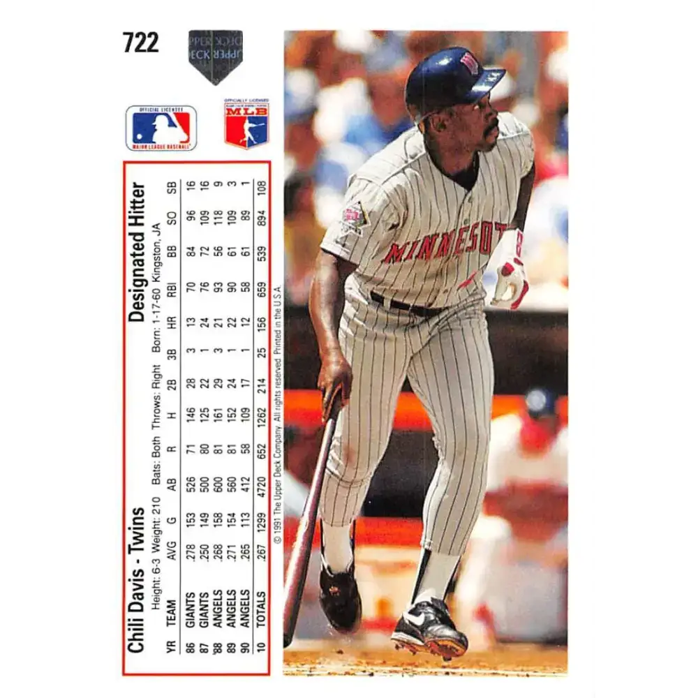 1991 Upper Deck #722 Chili Davis EX Excellent Minnesota Twins Baseball Card - Baseball Card Single