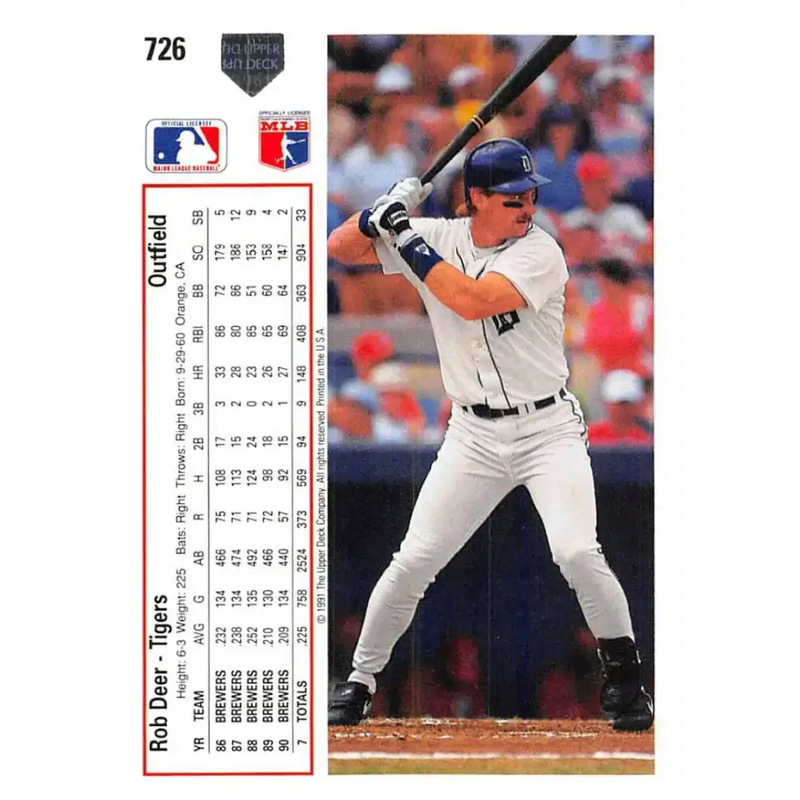 1991 Upper Deck #726 Rob Deer EX Excellent Detroit Tigers Baseball Card - Baseball Card Single